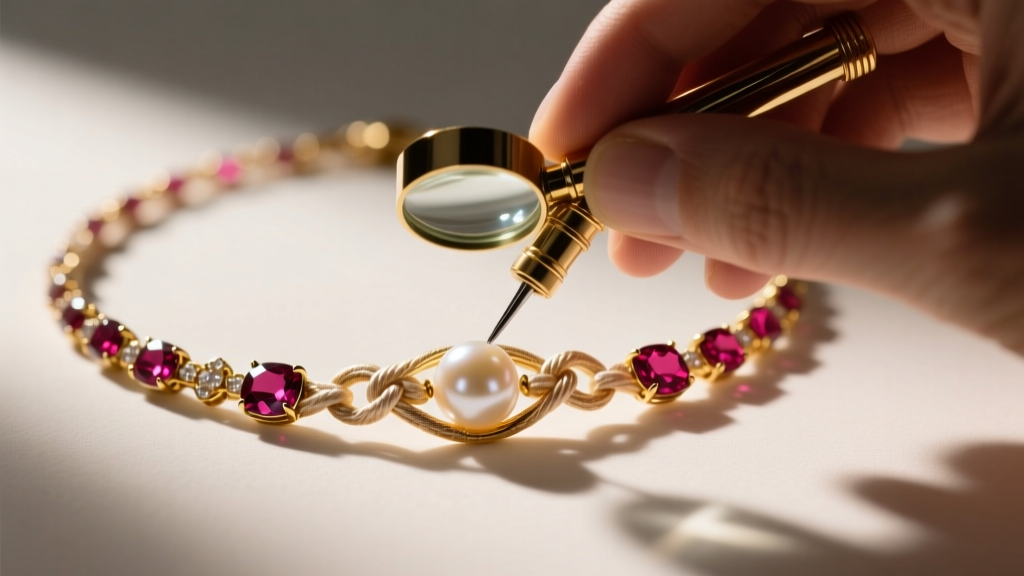 Jeweler examining a ruby clasp on a pearl and ruby necklace with a loupe, focusing on the gold prongs and silk knotting technique
