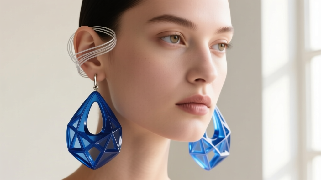 Model wearing massive 3D printed resin drop earrings supported by clear nylon wire wrapped around the upper ear cartilage