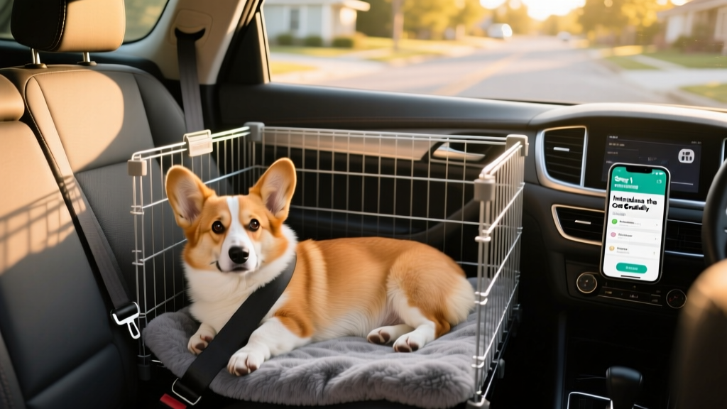 A relaxed corgi lying on a padded mat inside a secure wire crate placed safely in the back seat of a car