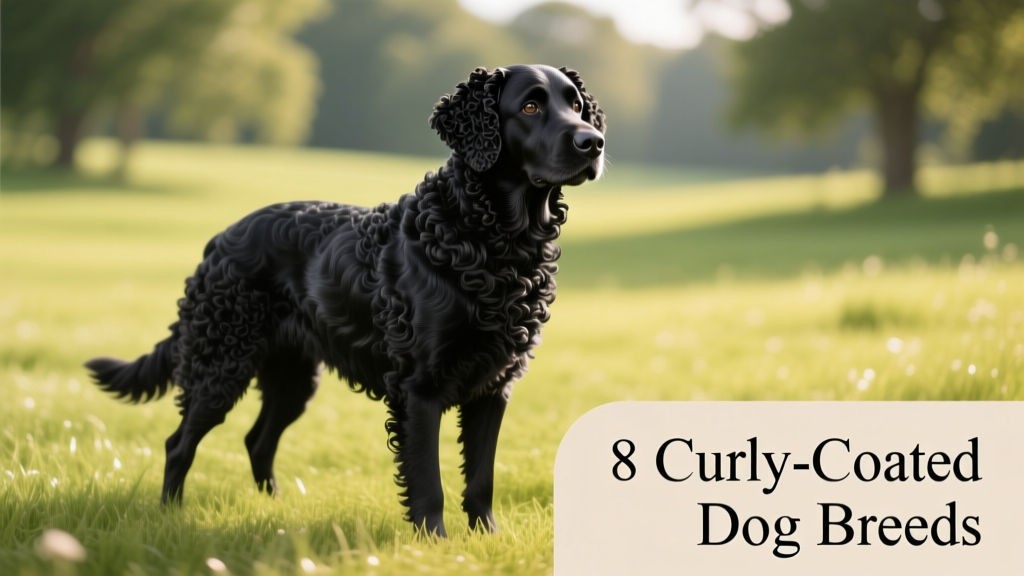 A sleek black Curly-Coated Retriever standing confidently on a grassy field