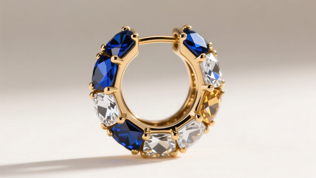 Macro close-up of a Saint Laurent crystal pavé hoop earring, revealing brass base metal and precise glass stone prong settings