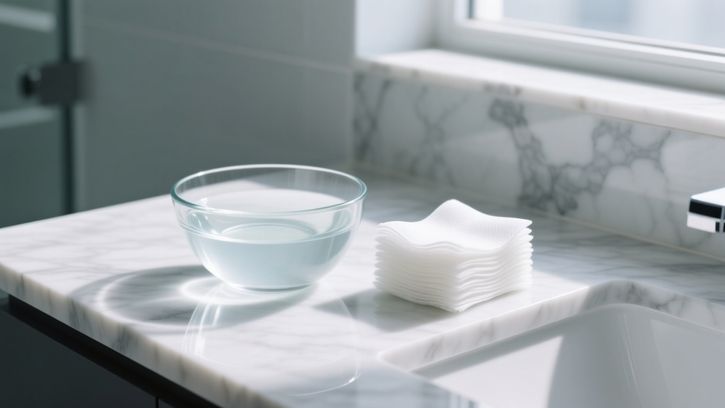 Glass bowl of sterile saline solution next to clean non-woven gauze pads on a modern marble bathroom vanity under bright lighting