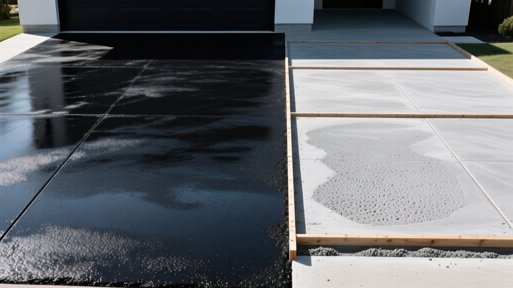 Split view of a freshly paved black asphalt driveway beside a broom-finished gray concrete driveway with crisp wooden formwork edges
