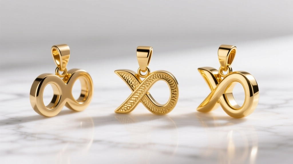 Macro shot of 10k, 14k, and 18k gold XO pendants on white marble, revealing subtle color variations and distinct metal textures.