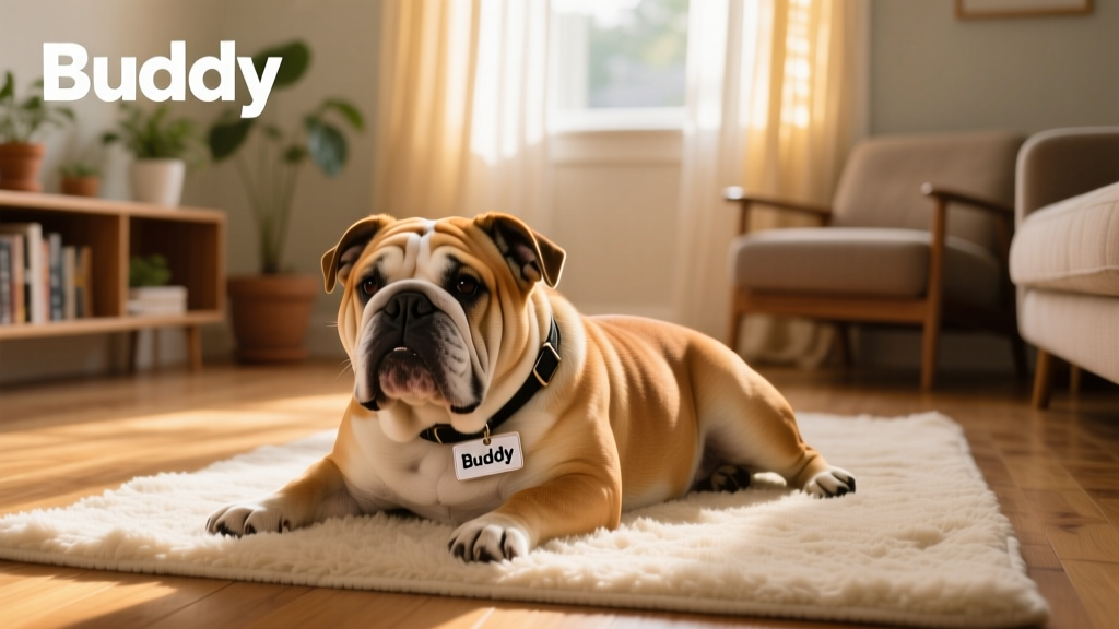 A happy English Bulldog resting comfortably in a cozy living room with soft lighting, representing a successful rehoming outcome