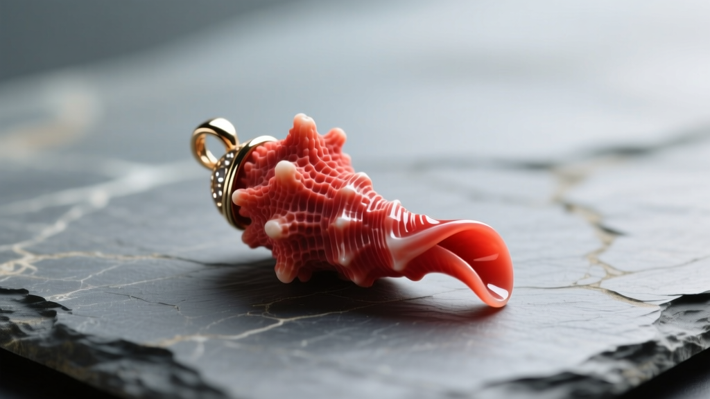 Macro shot of a red coral Italian horn pendant on slate, showing its organic texture and curved tip under soft light.