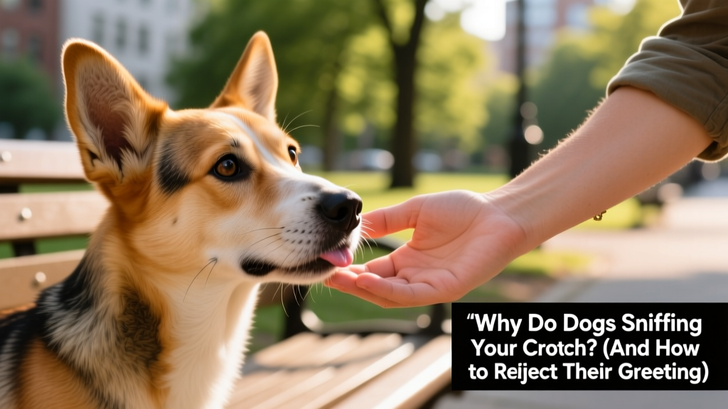 Close-up of a curious dog gently sniffing a person's hand instead of their crotch, illustrating polite greeting behavior