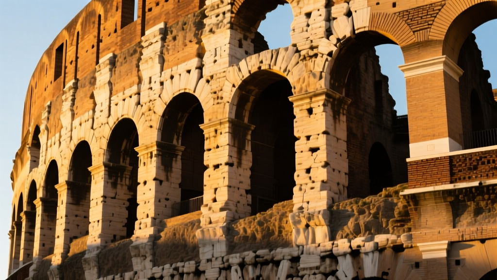 Weathered travertine blocks and exposed brick-faced concrete arches of the Roman Colosseum under dramatic golden hour sunlight