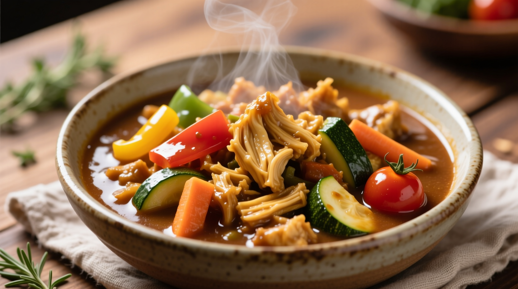 Prepared jackfruit in savory sauce with vegetables