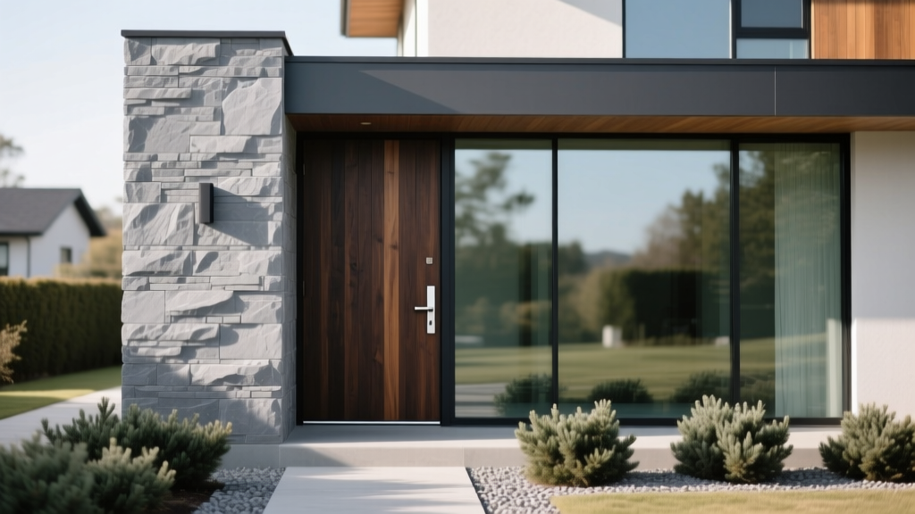 Modern exterior home facade featuring textured gray veneer stone panels installed around a dark wood front door and large glass windows