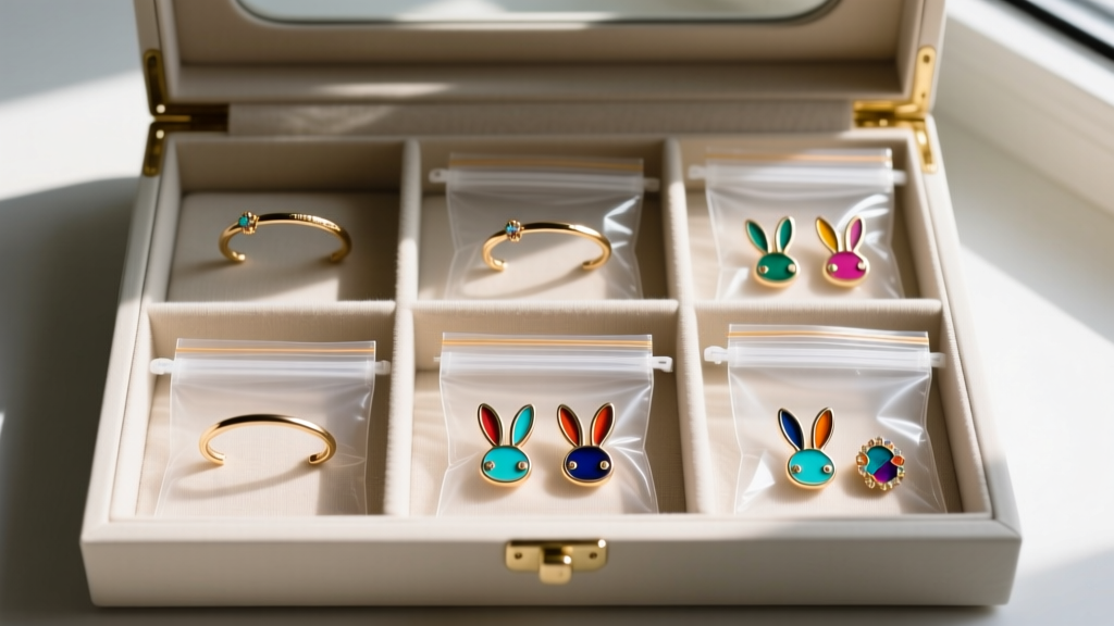 A neatly organized jewelry box showing 18-gauge bunny ear cuffs and enamel studs stored in individual anti-tarnish zip bags