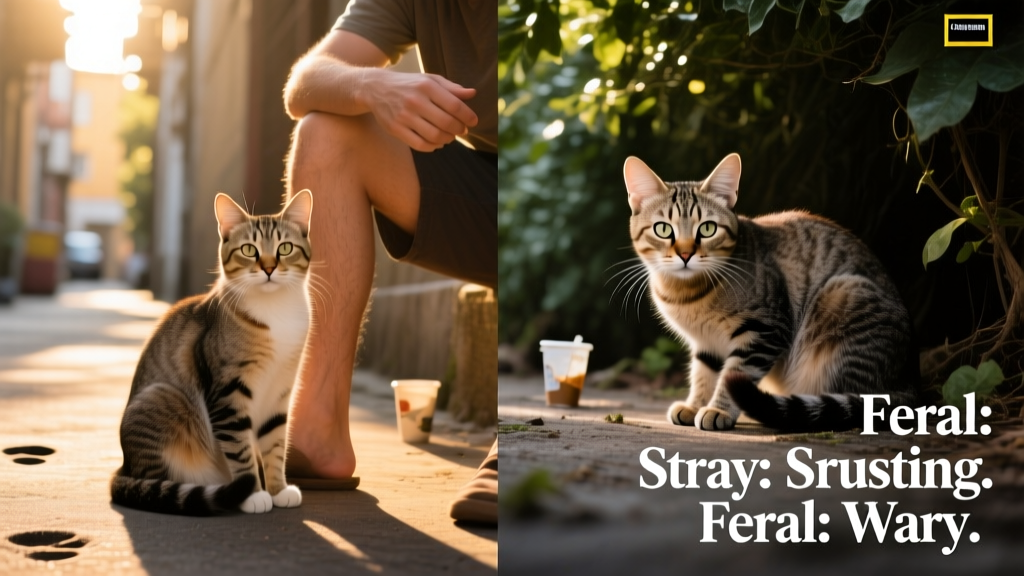 Side-by-side comparison showing a relaxed, approachable stray cat near a person versus a crouched, wary feral cat hiding under a bush