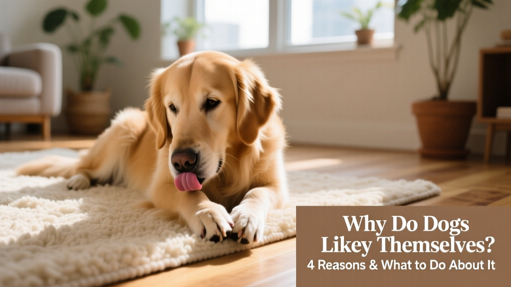 A calm dog gently licking its front paw while resting on a soft rug