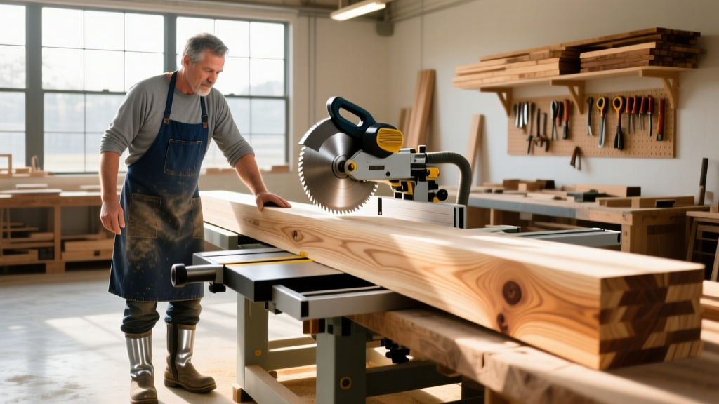 Professional carpenter in a sunlit workshop using a sliding compound miter saw to precisely cut a thick stack of oak lumber for framing.
