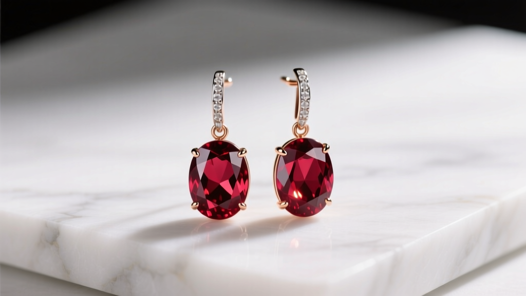 Rose gold and platinum settings holding oval red spinel dangle earrings on white marble under warm, directional studio lighting