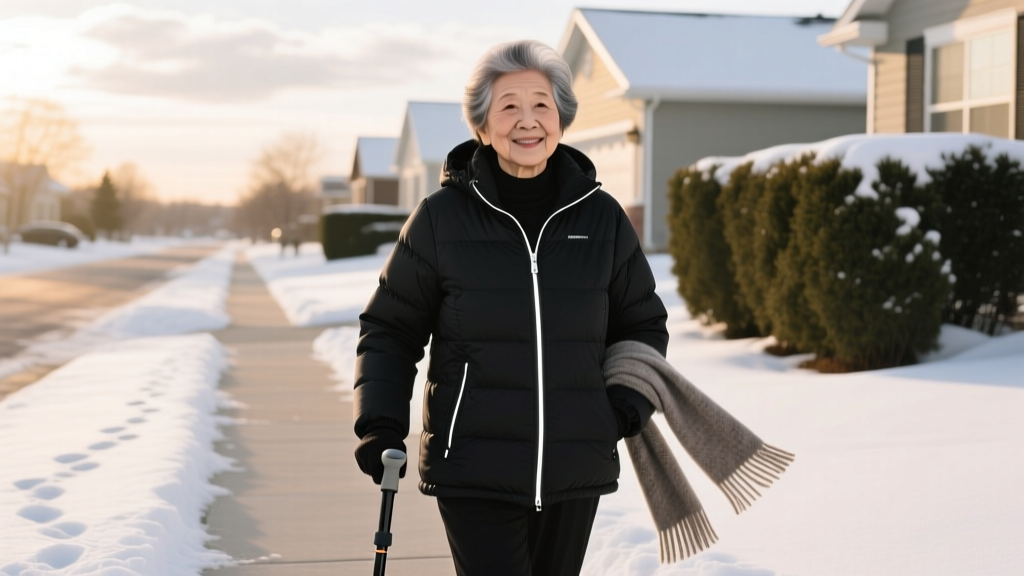 Senior woman wearing a sleek black heated puffer jacket walking safely on a snow-dusted suburban sidewalk with a sturdy walking cane