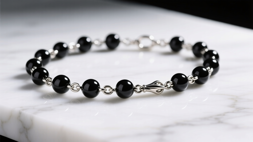Macro shot of a stainless steel rosary chain with polished onyx beads resting on white marble under soft diffused studio lighting.
