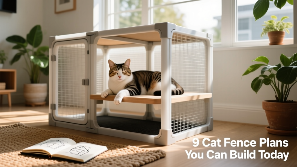 Modular PVC cat enclosure with mesh panels and shaded resting platform