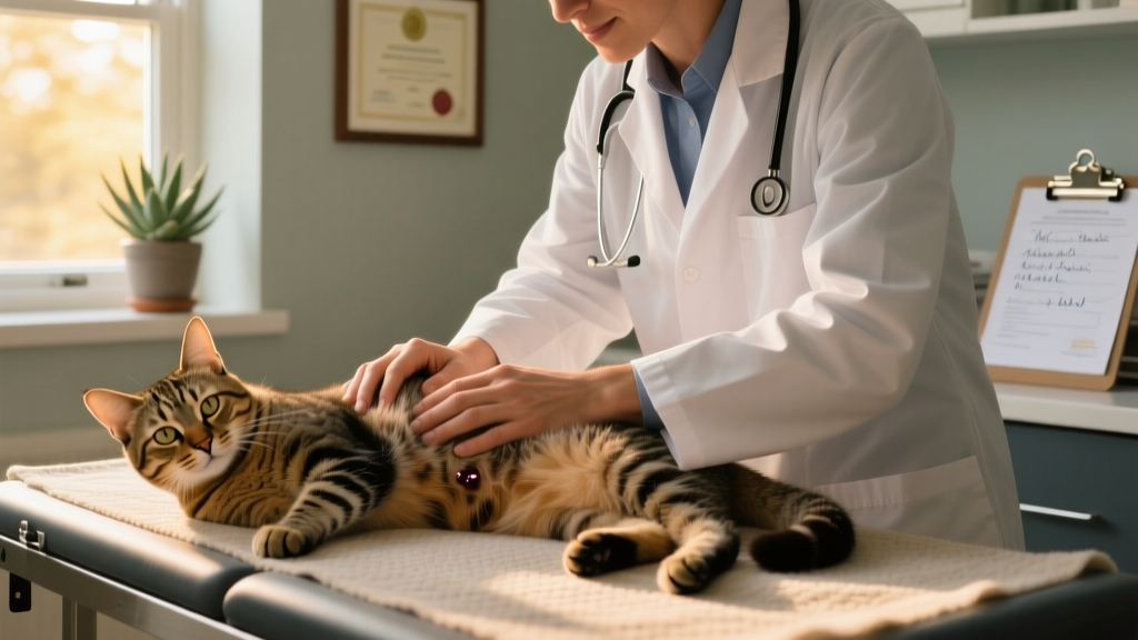 Veterinarian gently palpating a cat's abdomen during a physical exam