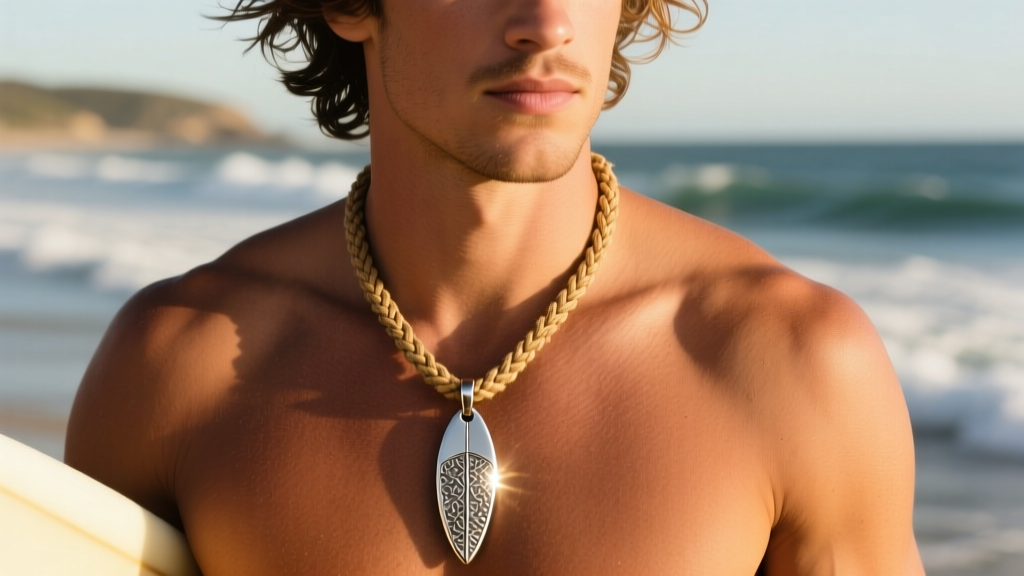 Close-up of a tanned surfer wearing a braided waxed hemp necklace with a brushed 316L stainless steel surfboard pendant in sunlight.