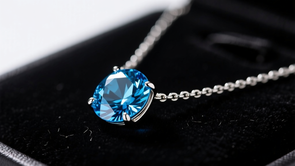 Macro shot of a blue topaz tennis necklace on dark velvet, highlighting silver prongs and gem facets under soft studio lighting