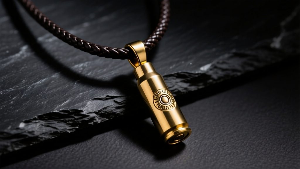 Polished brass bullet casing pendant on a dark leather cord, resting on matte black slate under moody, directional studio lighting.