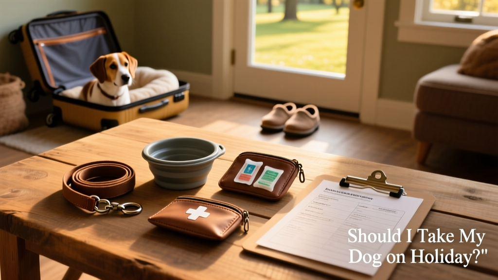 A neatly packed travel kit for a dog: leash, collapsible bowl, first-aid supplies, and vaccination records in a folder