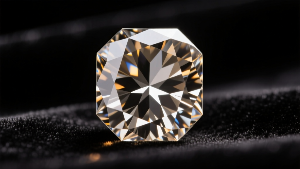 Close-up of an Old European Cut diamond showing an open culet, high crown, and chunky facets under warm light on black velvet.