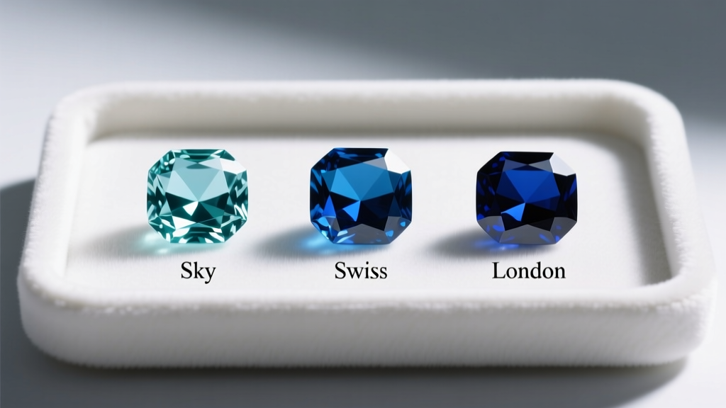 Three emerald cut blue topaz gems showing sky, swiss, and london color grades on a white velvet tray under bright studio lighting.
