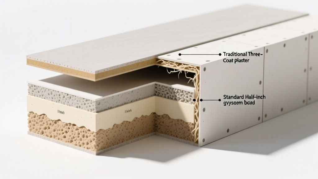 Cross-section diagram comparing the layered structure of traditional three-coat plaster against a standard half-inch gypsum board panel