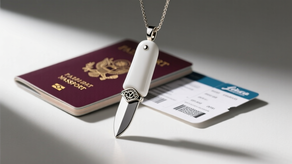 White ceramic hidden knife pendant next to a passport and boarding pass, showing airport security rules and TSA screening guidelines