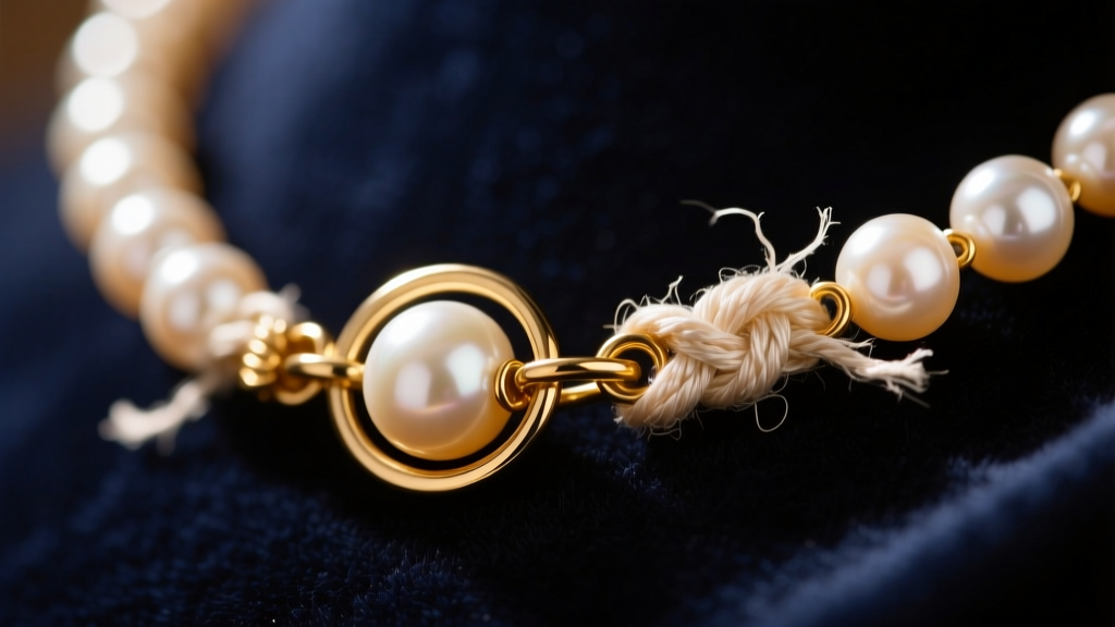 Close-up of a vintage pearl necklace clasp revealing hand-knotted silk thread and protective gold French wire against dark velvet.