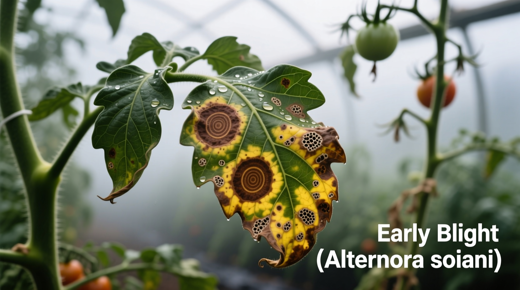 Close-up of tomato leaves showing early blight symptoms