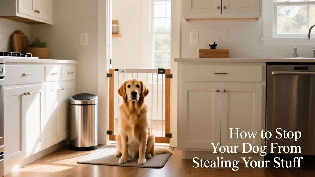 A tidy kitchen countertop with closed cabinets, a secured trash can, and a baby gate across the doorway