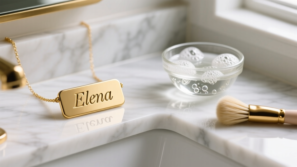 Close-up of a custom gold nameplate necklace on a white marble vanity next to a small glass bowl of soapy water and a soft brush.