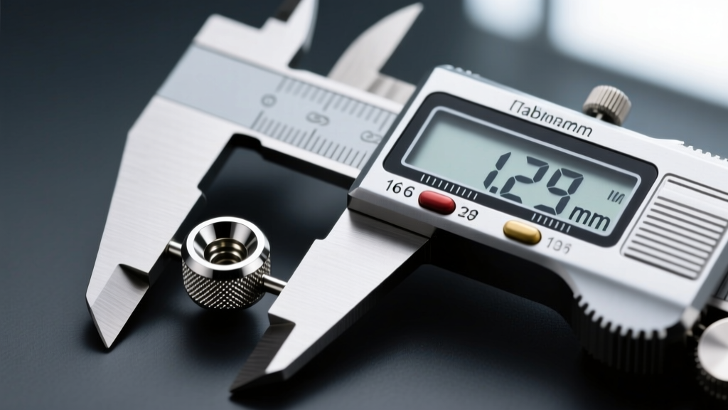 Close-up of digital calipers measuring the exact 1.29mm thickness of a 16-gauge titanium labret post on a dark slate background.