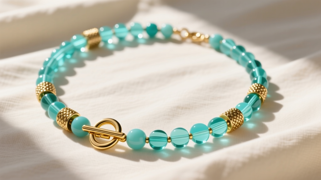 Flat lay of a vibrant Anthropologie bead necklace with turquoise glass, brass spacers, and a gold toggle clasp on cream linen.