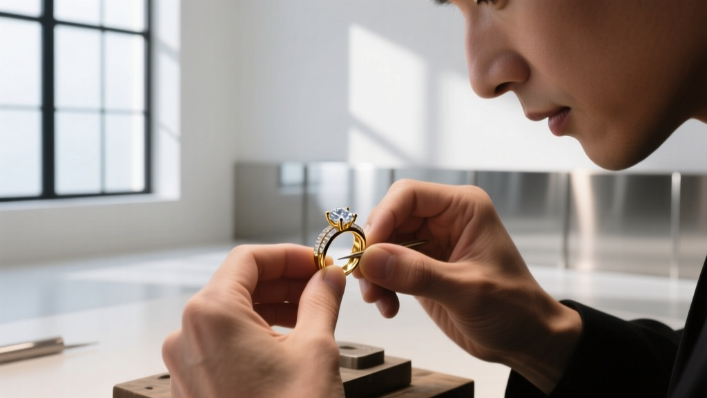 Jeweler's hands using nylon-jaw pliers to carefully reshape a bent silver initial L necklace pendant on a steel bench block.