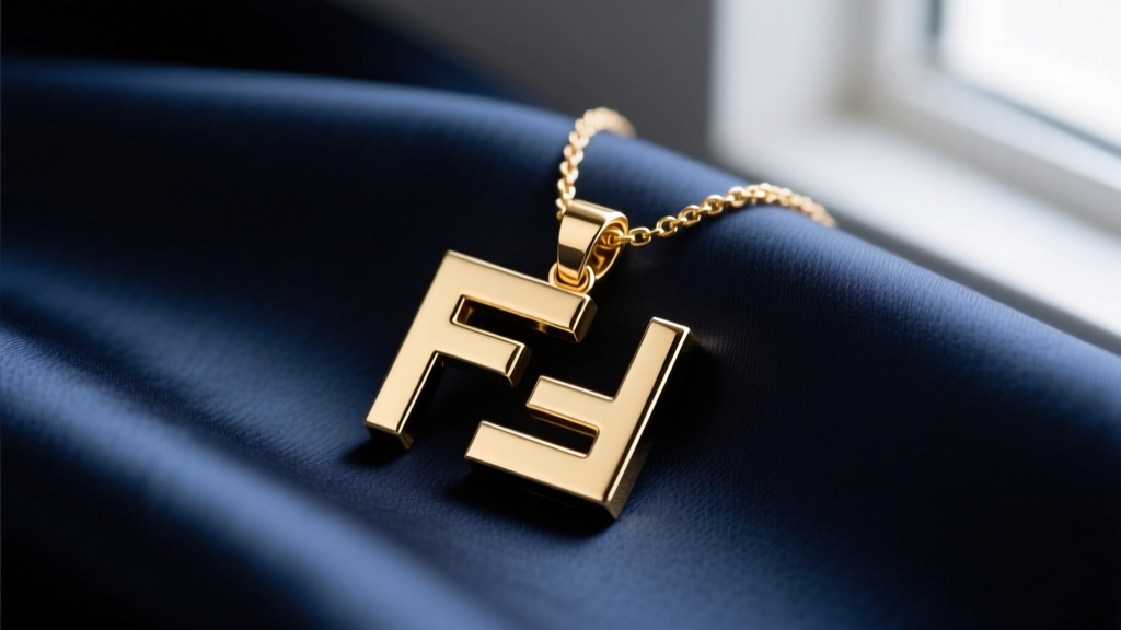 Polished gold-tone FF monogram pendant necklace on dark silk fabric, soft lighting highlighting interlocking letters.