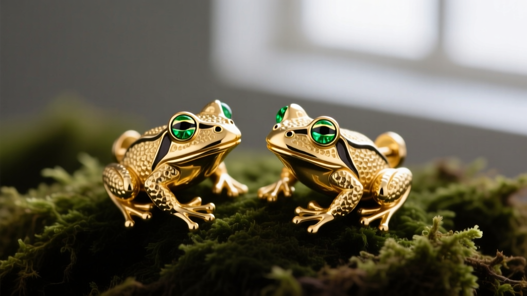 Close-up of 14k yellow gold 3D tree frog stud earrings with tiny emerald eyes, resting on dark moss, soft macro lighting.