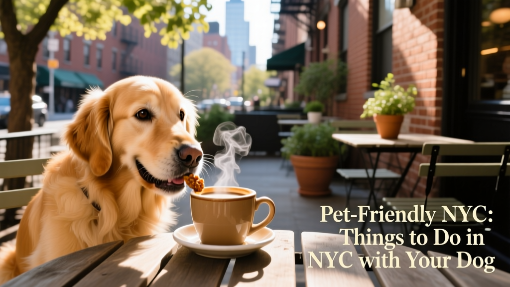 A golden retriever enjoying a treat beside a steaming cup of coffee at a sunlit Brooklyn cafe patio