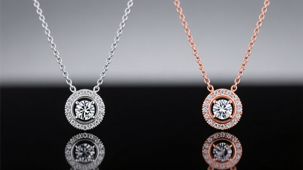 Side-by-side comparison of platinum and 14k rose gold diamond station necklaces, showing distinct metal hues under studio lighting.