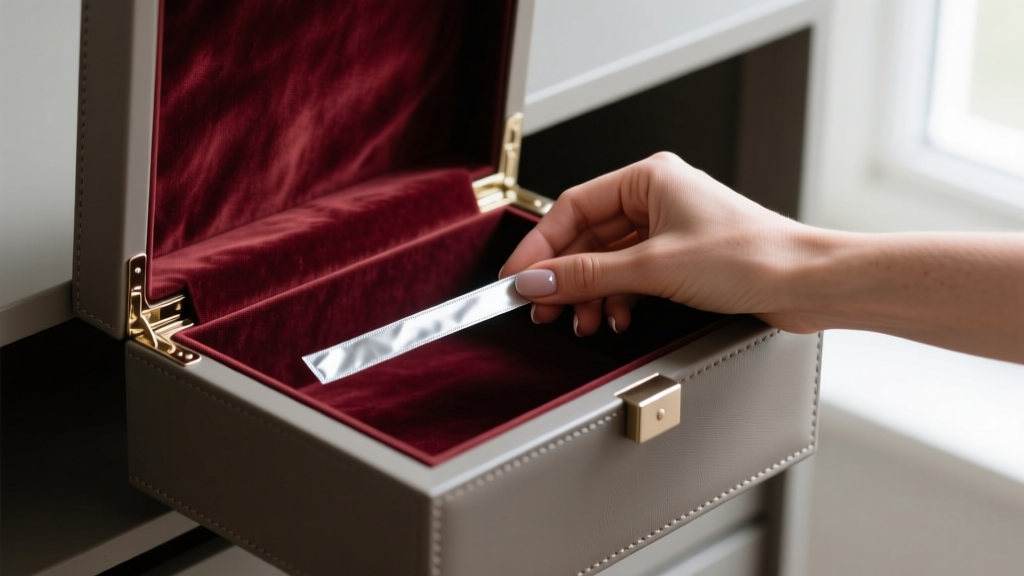 Close-up of a hand placing an anti-tarnish strip into a velvet-lined compartment of a large leatherette Wayfair jewelry armoire.