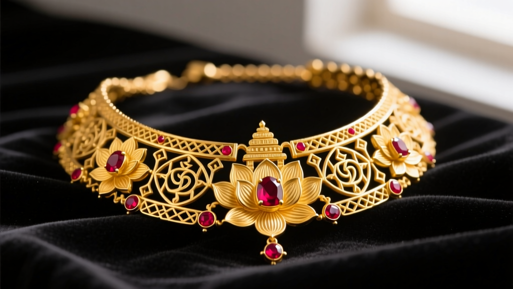 Close-up of a 22k yellow gold Indian choker necklace featuring intricate temple motifs and ruby accents on dark velvet