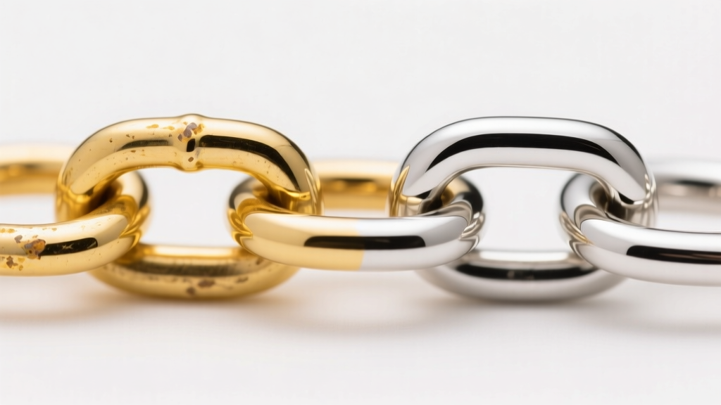 Macro photo of a yellowed 14k white gold chain link next to a freshly rhodium-plated bright white link under soft studio lighting.