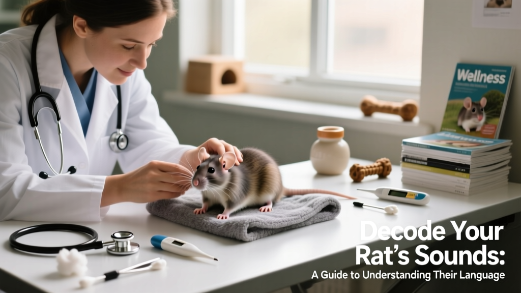 Veterinarian gently examining a calm rat during a wellness checkup, with clean tools and soft lighting