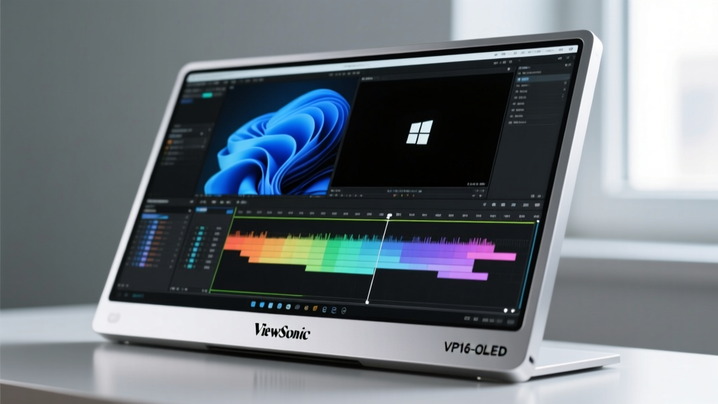 Close-up of ViewSonic ColorPro VP16-OLED portable monitor displaying a Windows 11 video editing timeline with vivid colors and deep blacks.