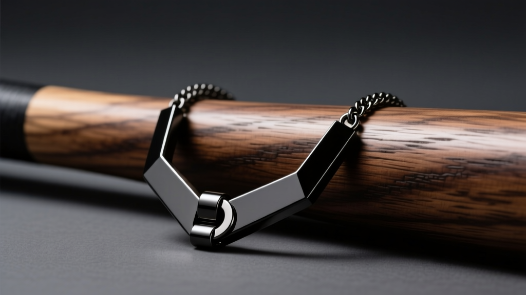 Close-up of a black titanium athletic necklace with a metallic clasp resting on a dark wood baseball bat under studio lighting.