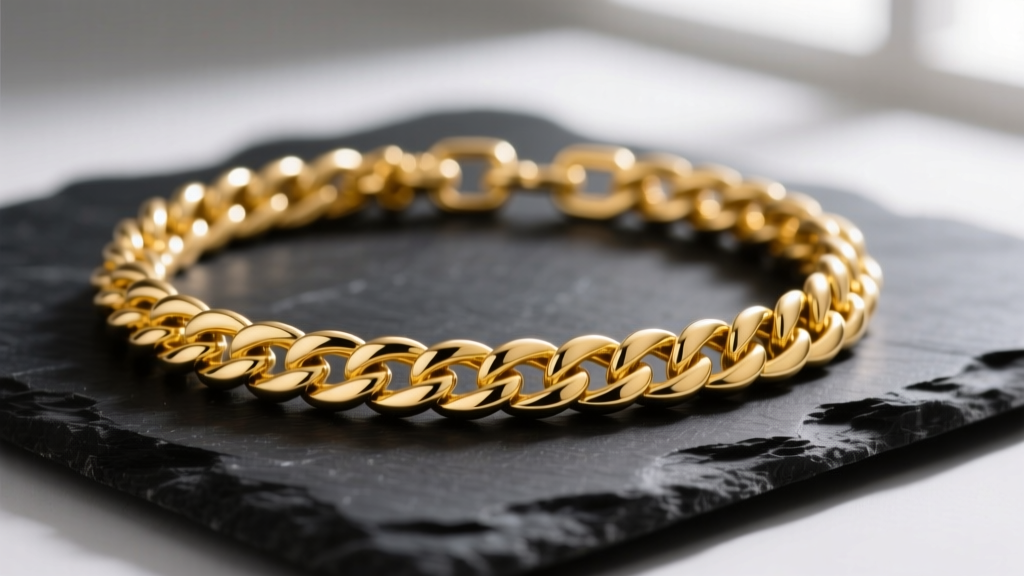 Macro photography of a thick 14k yellow gold wheat chain necklace on dark slate, highlighting the intricate interwoven link structure