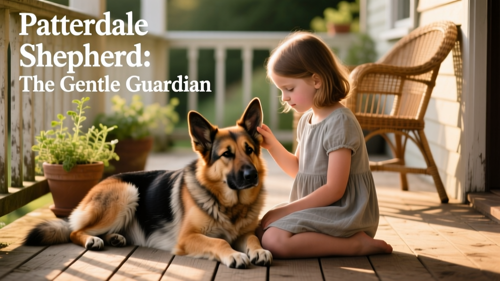 A calm, well-socialized Patterdale Shepherd sitting beside a child on a sunlit porch, gently resting its head on the child's knee